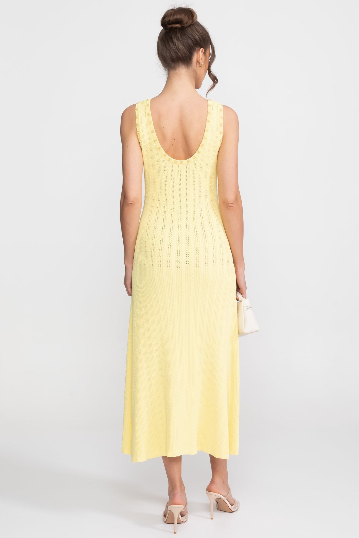 Ribbed Knit Midi Dress and Cropped Cardigan Set with Pearl Buttons – Yellow – view 13