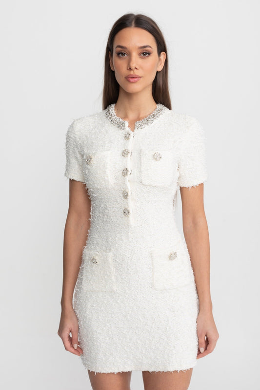 Tweed Short Sleeve Fitted Mini Dress with Crystal Buttons – White