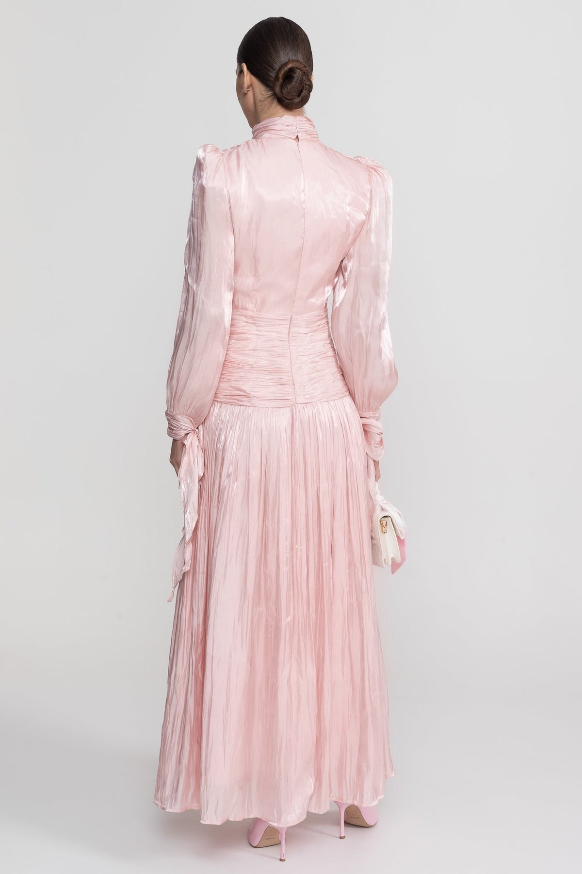 Ruched Mock Neck Long Sleeve Maxi Dress with Pleated Skirt – Blush Pink – view 5