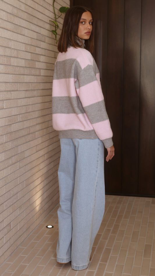 Tyla Collared High Neck Zip-Up Knit Jumper – Pink/Grey Stripe – view 2
