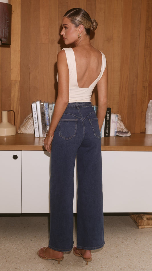 Nyra High Waisted Wide Leg Jeans with Waist Tie – Dark Denim