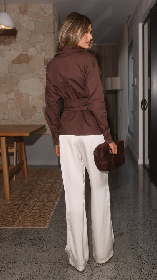 Ayla Collared Button Up Wrap Waist Long Sleeve Shirt – Chocolate – view 2