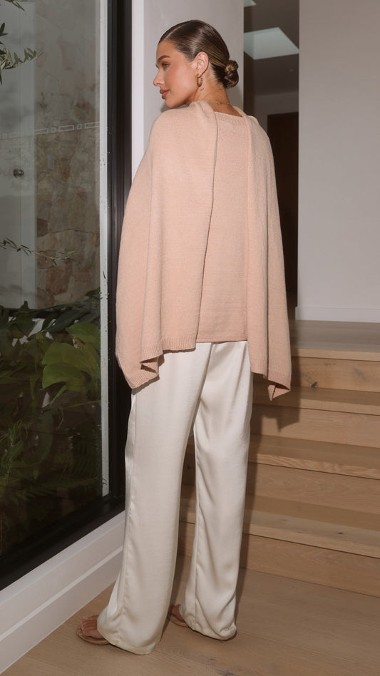 Jazmine Round Neck Rolled Hem Knit Jumper and Wide Scarf Set – Peach
