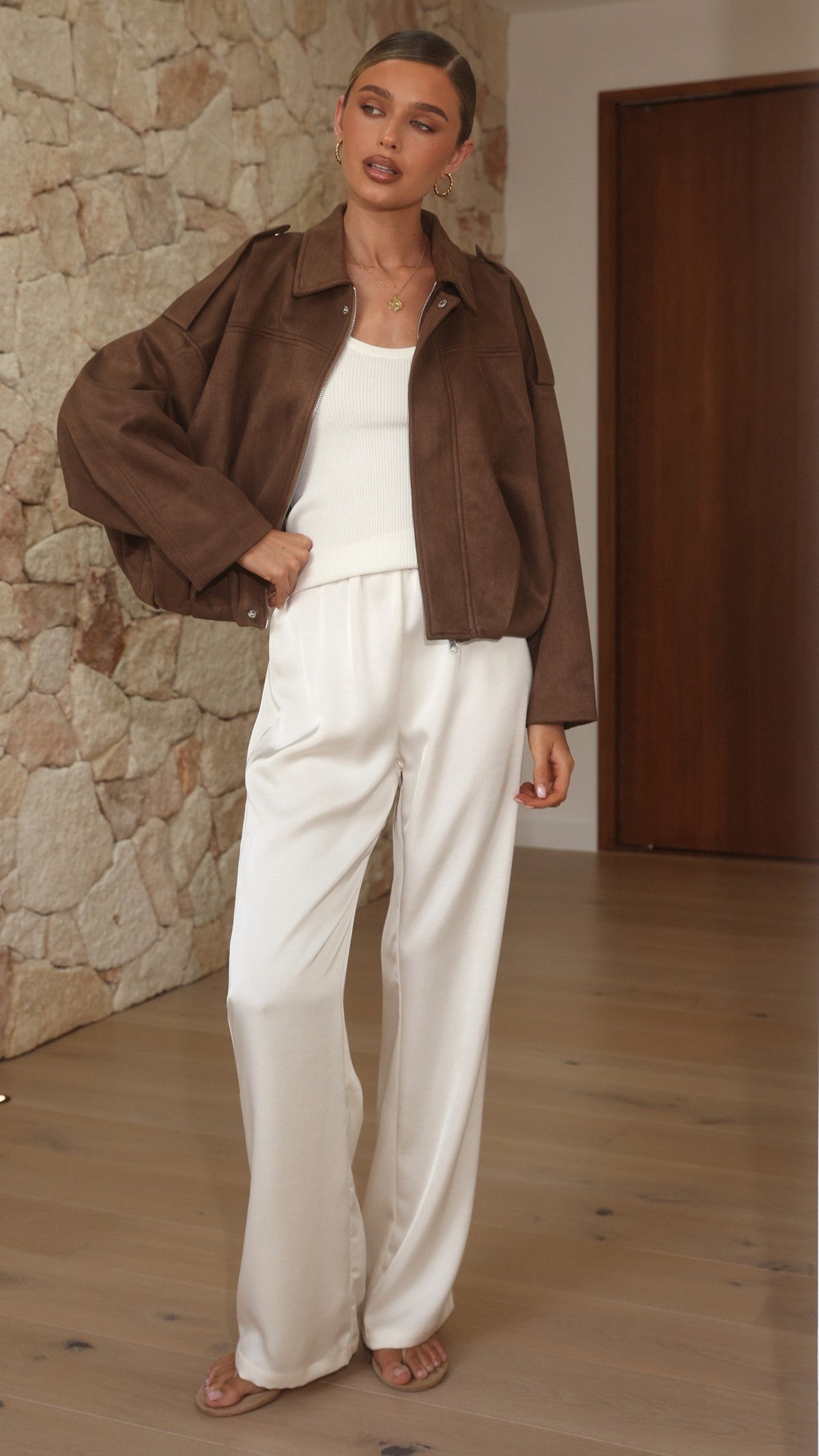 Phoenix Faux Suede Collared Bomber Jacket with Bubble Hem – Brown – view 9