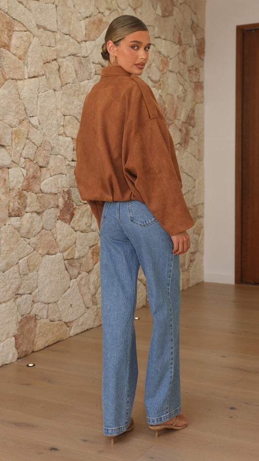 Phoenix Faux Suede Collared Bomber Jacket with Bubble Hem – Tan – view 2