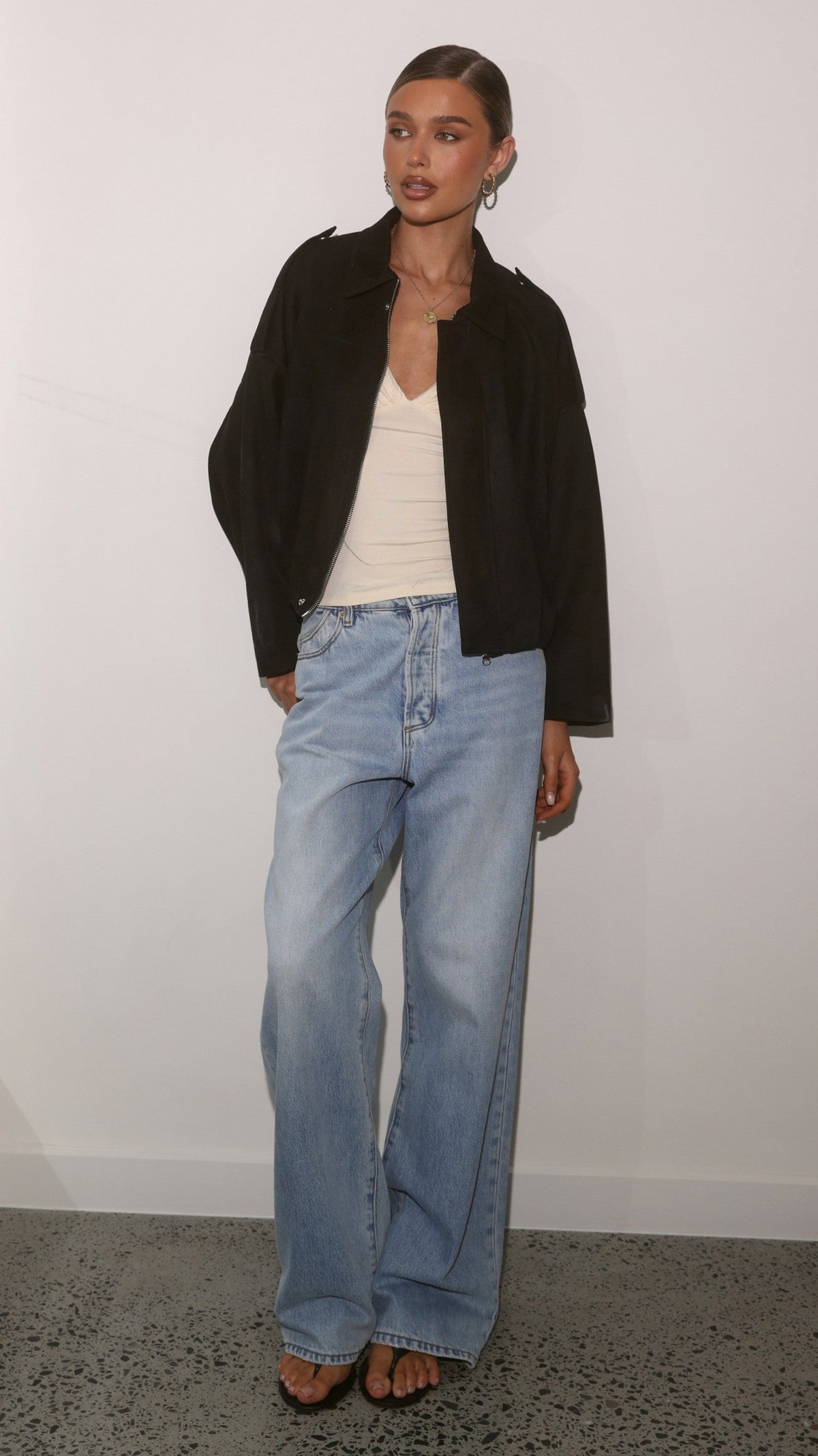 Phoenix Faux Suede Collared Bomber Jacket with Bubble Hem – Black – view 11