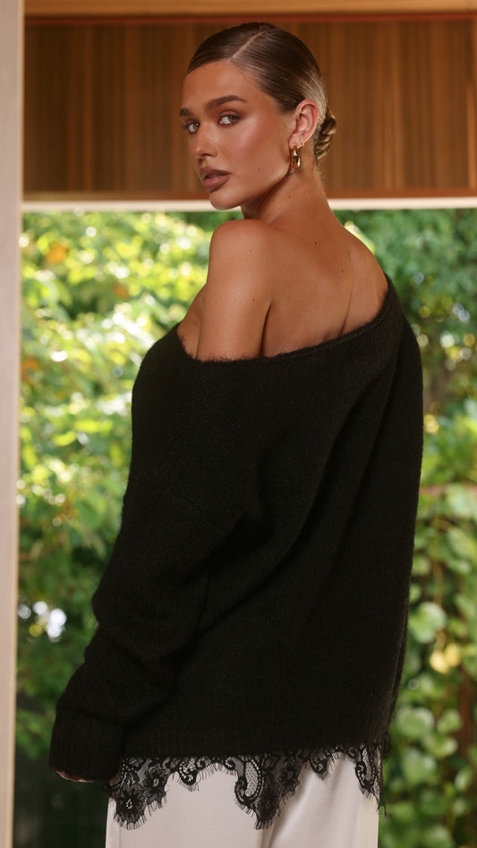 Lainey Asymmetric Off Shoulder Knit Top with Lace Hem – Black