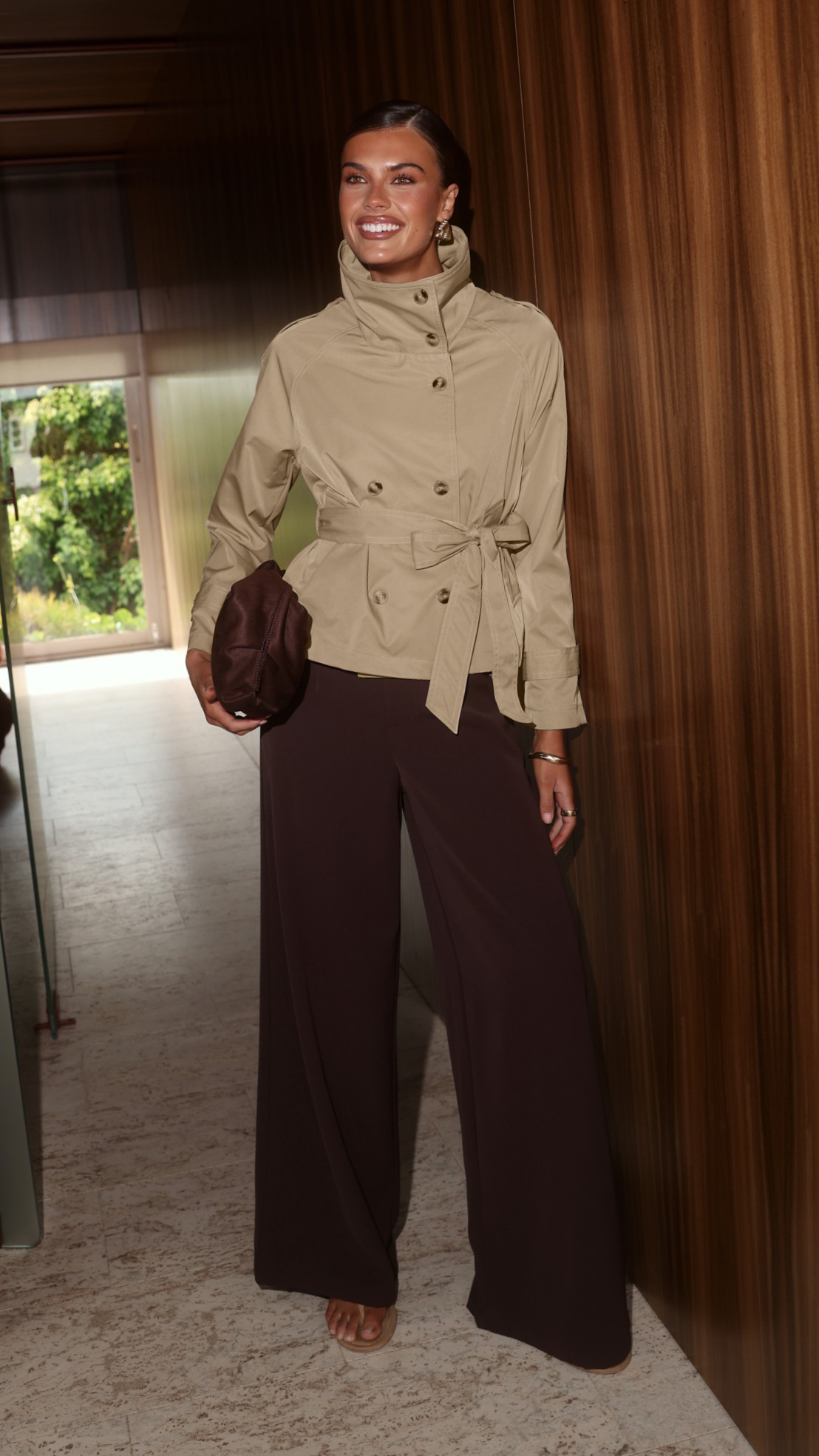 Marza Cropped Funnel Neck Trench Coat with Tie Belt – Sand – view 4