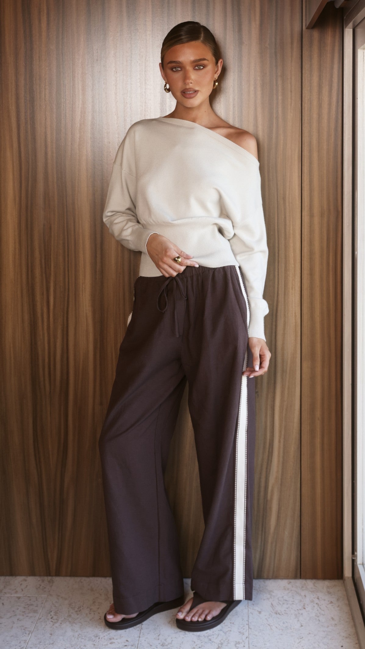 Talia Asymmetrical Off Shoulder Top with Cinched Waistband – Taupe – view 6
