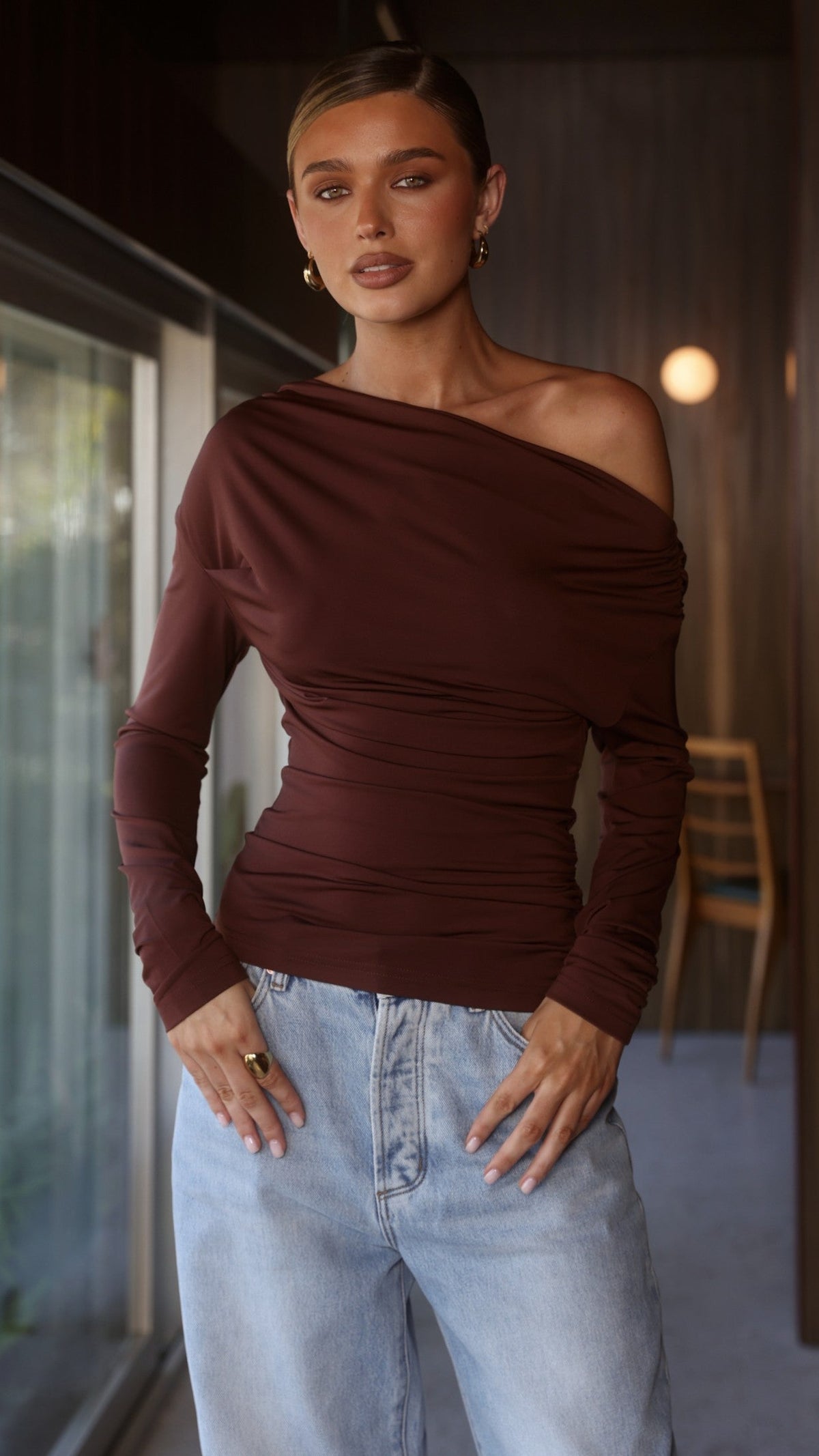 Sutton Wide Neck Off Shoulder Ruched Long Sleeve Top – Chocolate