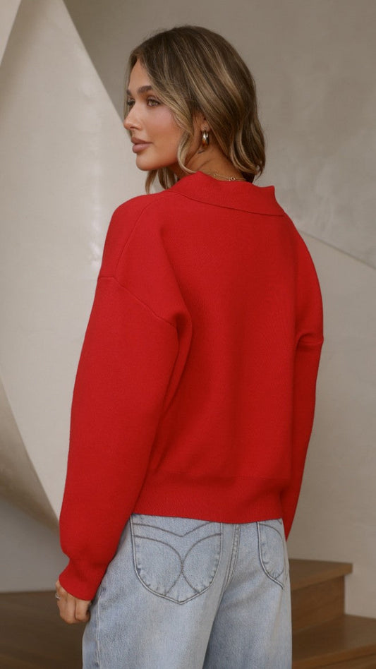 Rylie Collared V Neck Relaxed Knit Jumper – Red