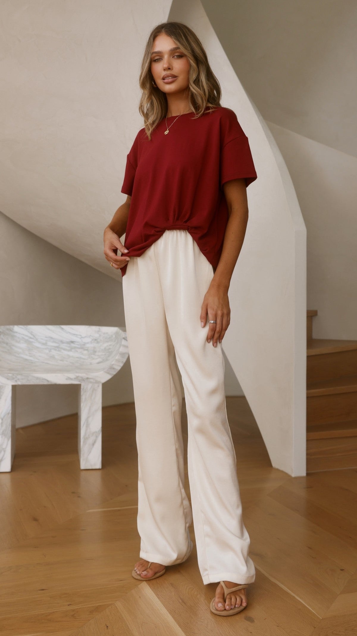 Aria Boxy Crew Neck Tee with Pleated Front Gathering – Wine – view 9
