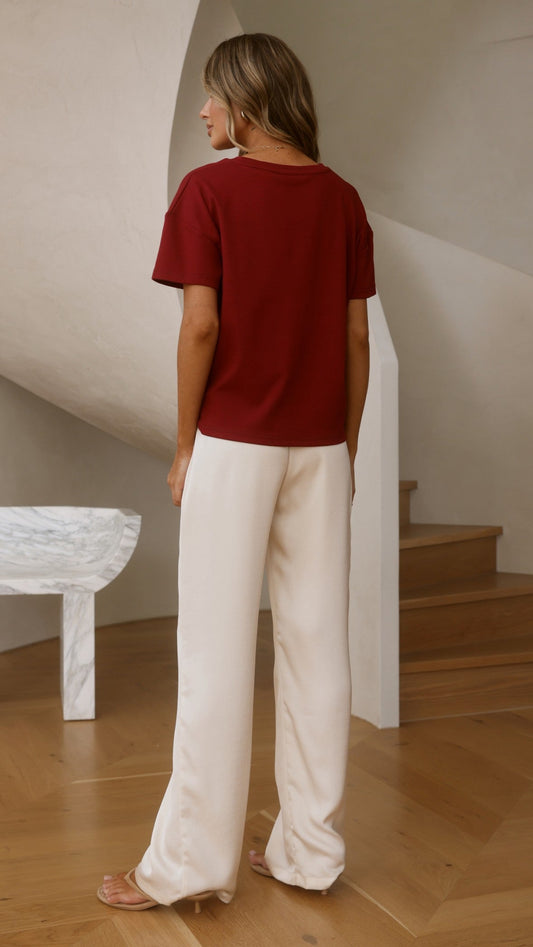 Aria Boxy Crew Neck Tee with Pleated Front Gathering – Wine – view 2
