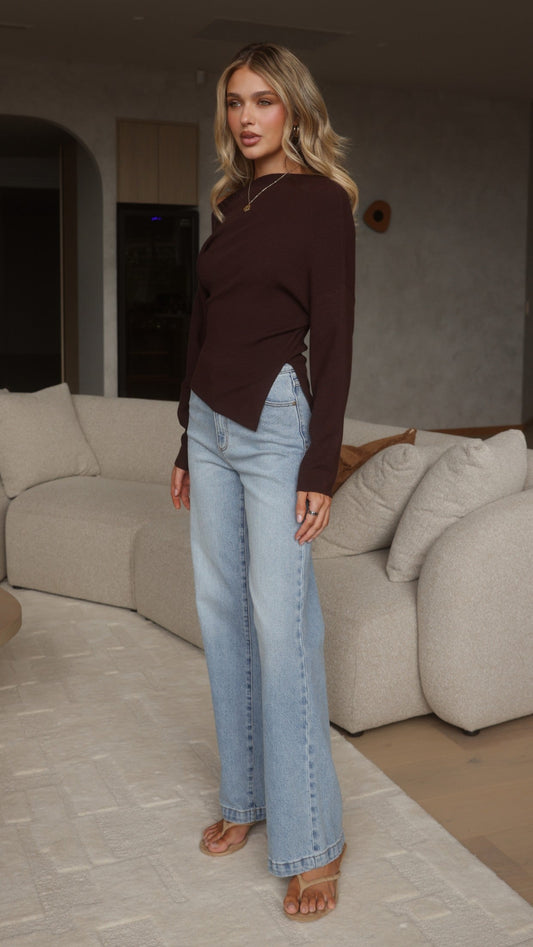 Eleora Asymmetrical Long Sleeve Knit Top with Side Split – Brown – view 2