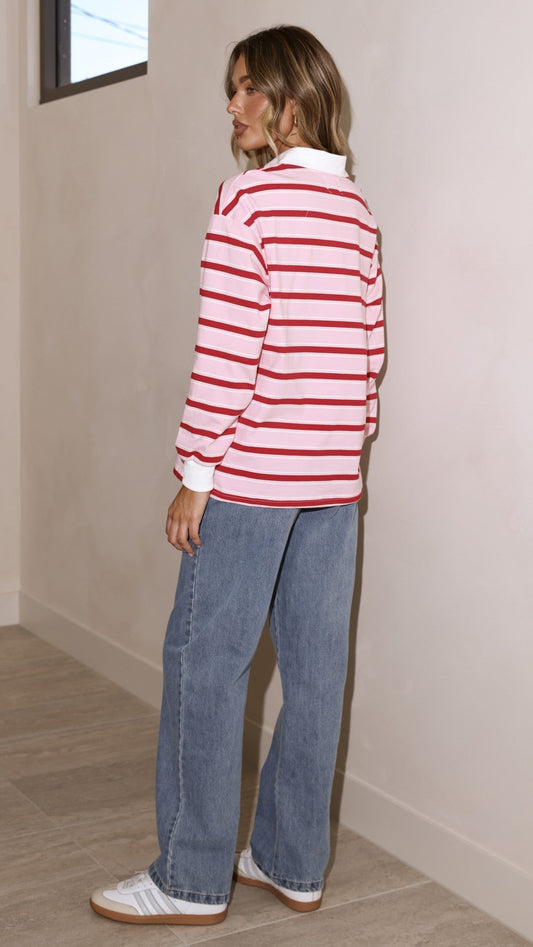 Jayana Collared Jersey Top with Button V-Neck – Red/Pink Stripe