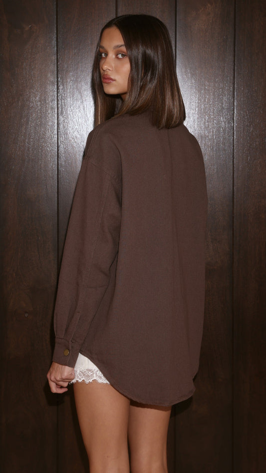 Helia Oversized Longline Denim Shacket with Pockets – Chocolate