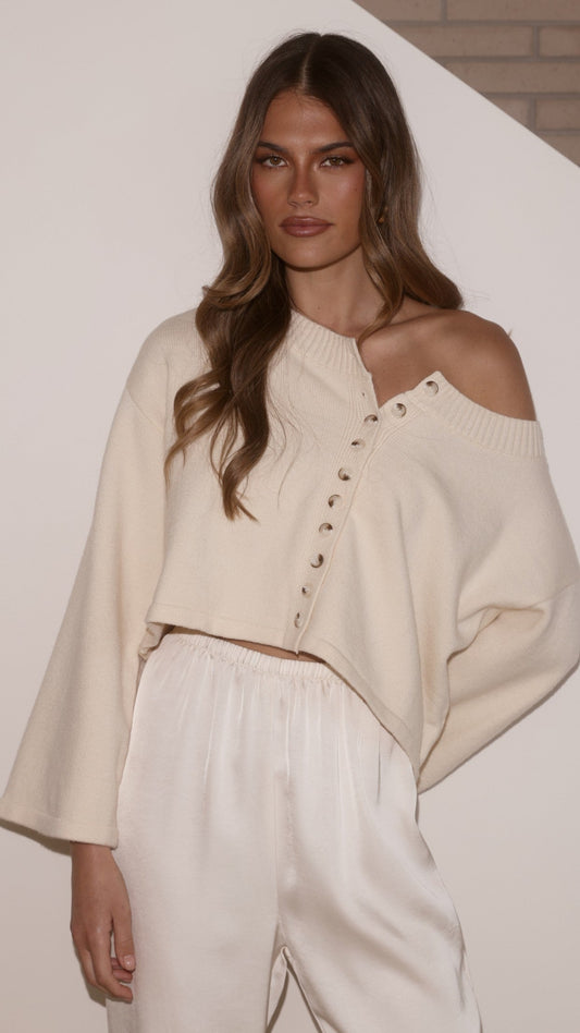 Isako Boxy Button-Up Wide Sleeve Knit Top – Cream