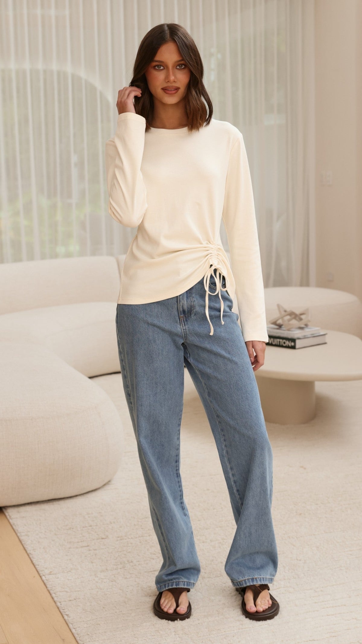 Lydia Long Sleeve Ruched Side Top with Ribbed Neck – Cream