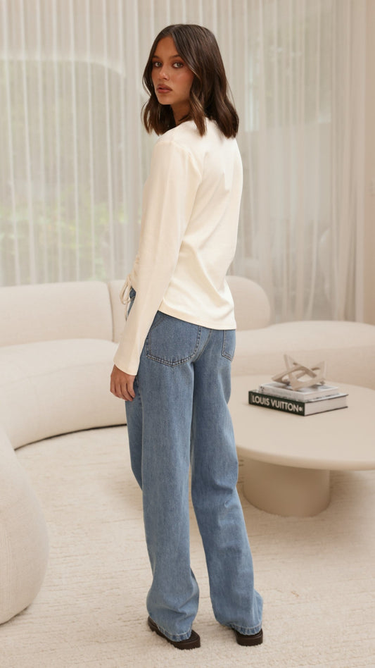 Lydia Long Sleeve Ruched Side Top with Ribbed Neck – Cream