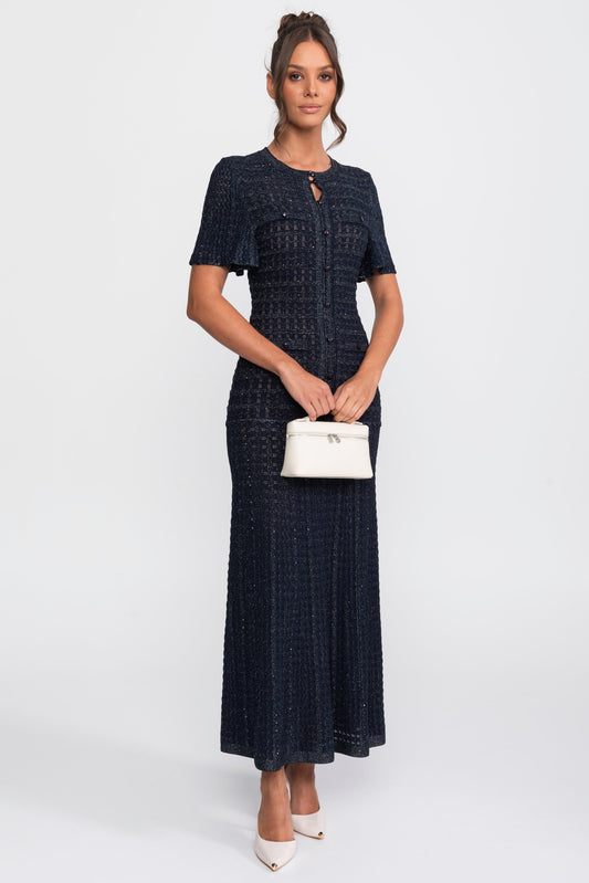 Shimmer Knit Button Front Midi Dress with Pleated Skirt – Navy – view 2