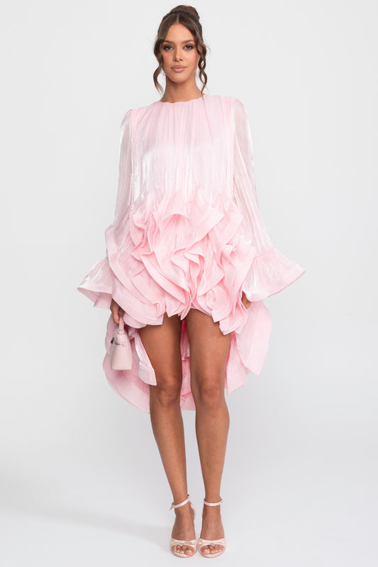 Asymmetric Ruffle Hem Satin-Finish Mini Dress with Flared Sleeves – Pink