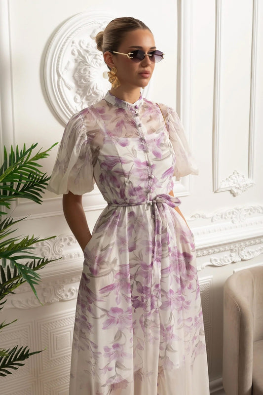 Sheer Botanical Print Puff Sleeve Midi Shirt Dress – White/Purple – view 2