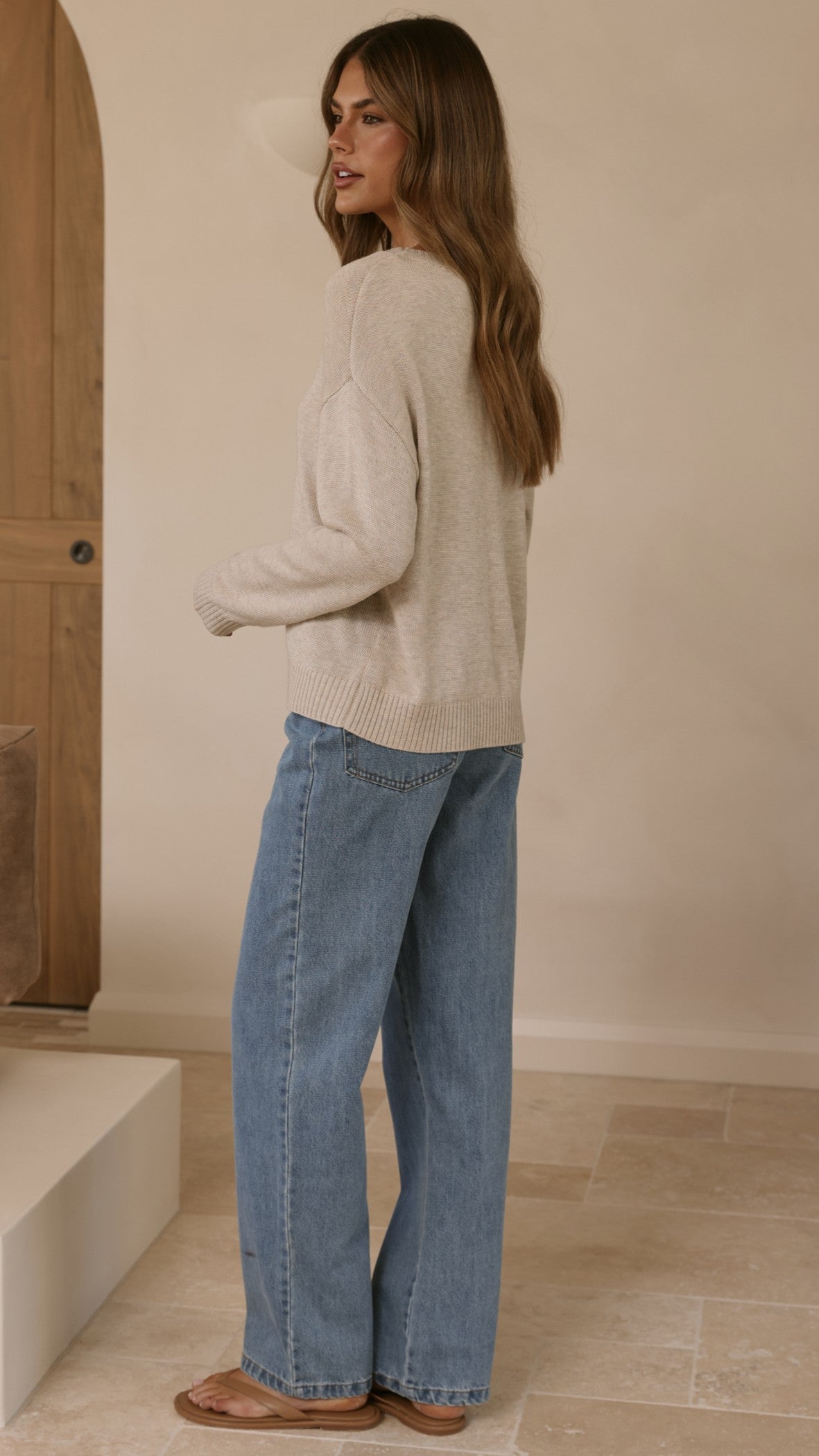 Victoria Crew Neck Long Sleeve Ribbed Trim Knit Top – Oat – view 9