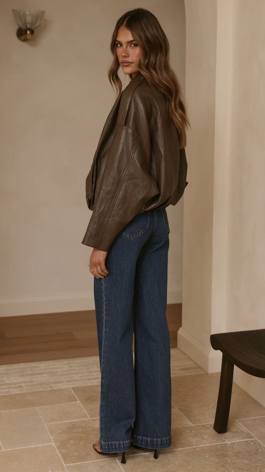 Leela Vegan Leather Collared Bomber Jacket with Bubble Hem – Brown – view 2