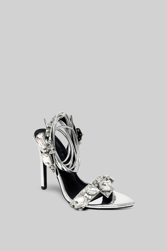 Rhinestone Embellished Strap High Heels – Silver – view 2