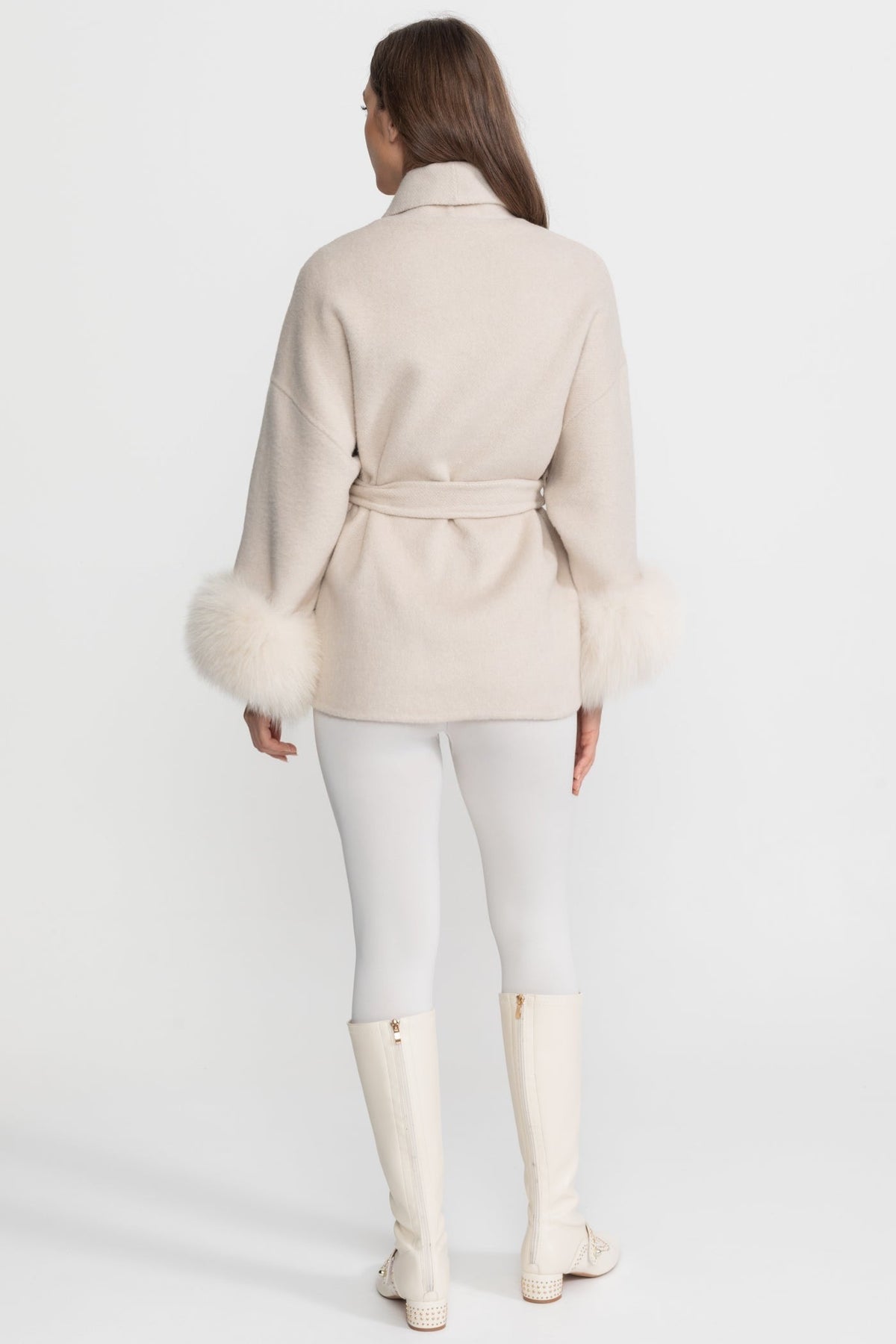 Wool Blend Wrap Jacket with Plush Cuffs – Cream – view 8