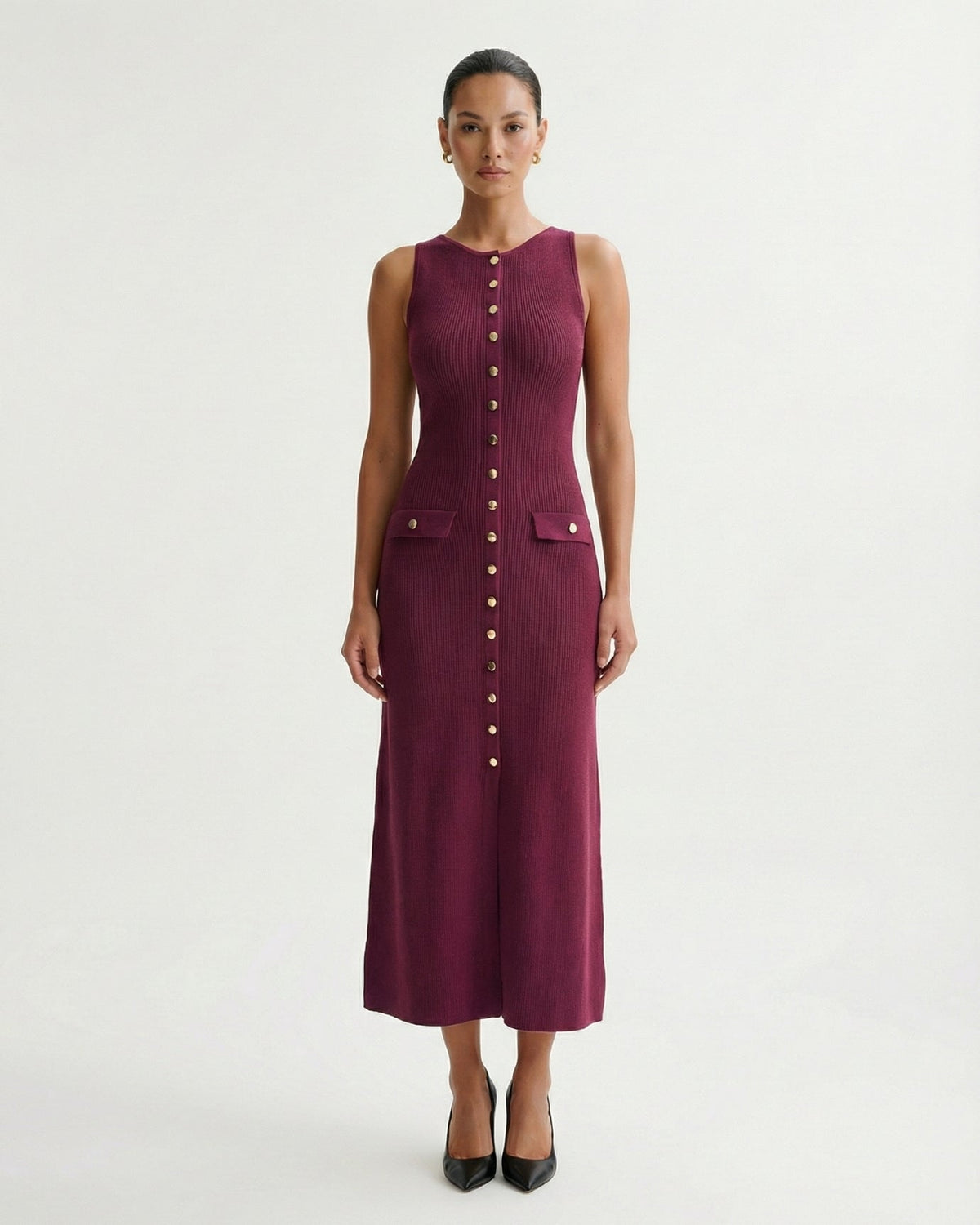 Old Money Form-Skimming Knitted Wool Blend Dress – Purple Claret – view 3