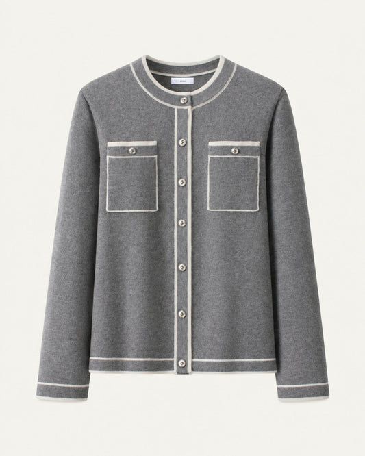 Cashmere Colourblock Crew Neck Knit Cardigan – Grey