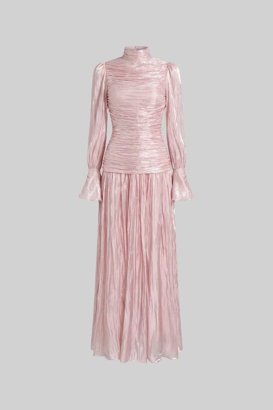 Ruched Mock Neck Long Sleeve Maxi Dress with Pleated Skirt – Blush Pink – view 2