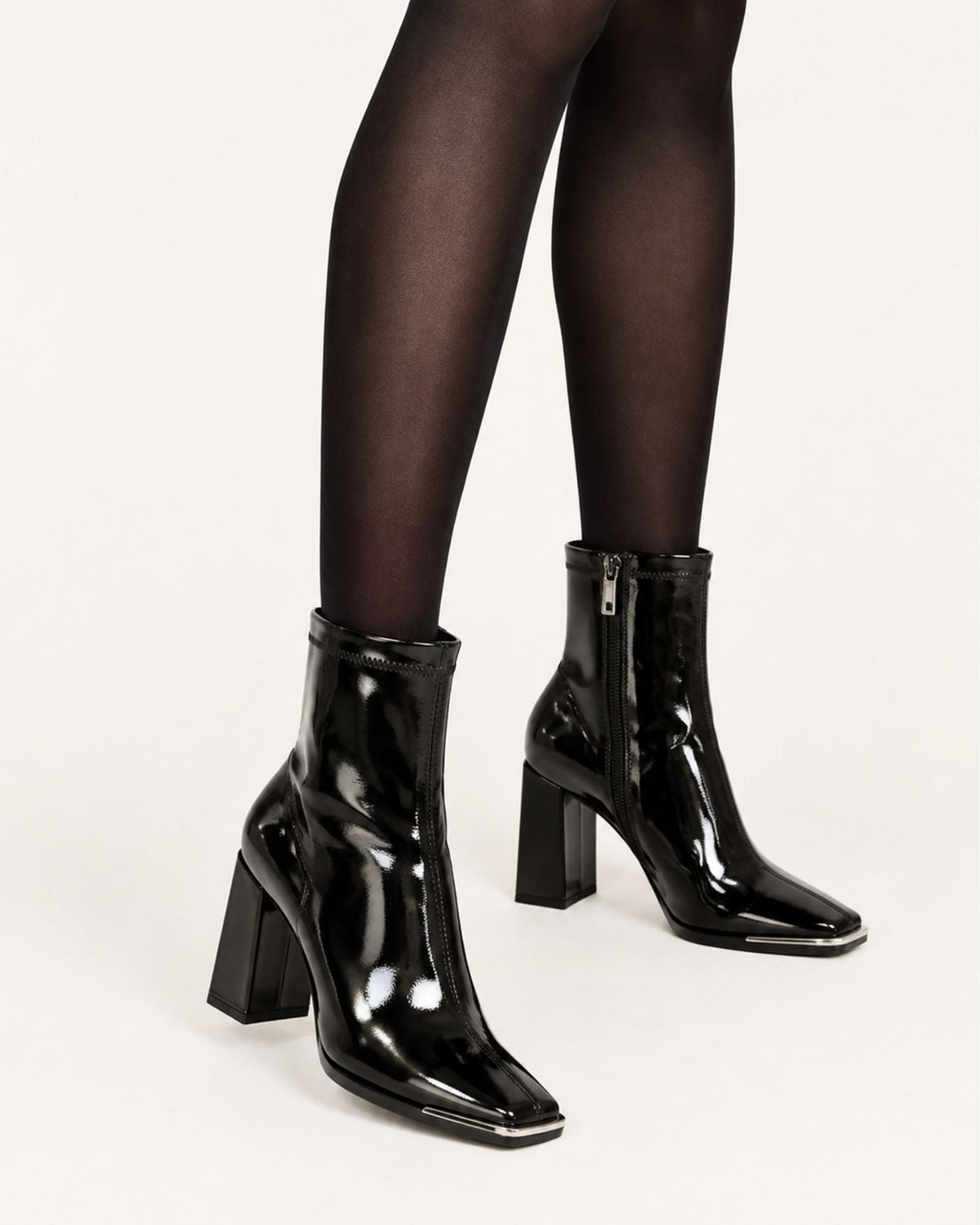 Patent Leather Block Heel Stretch Chelsea Ankle Boots – Black – view 6