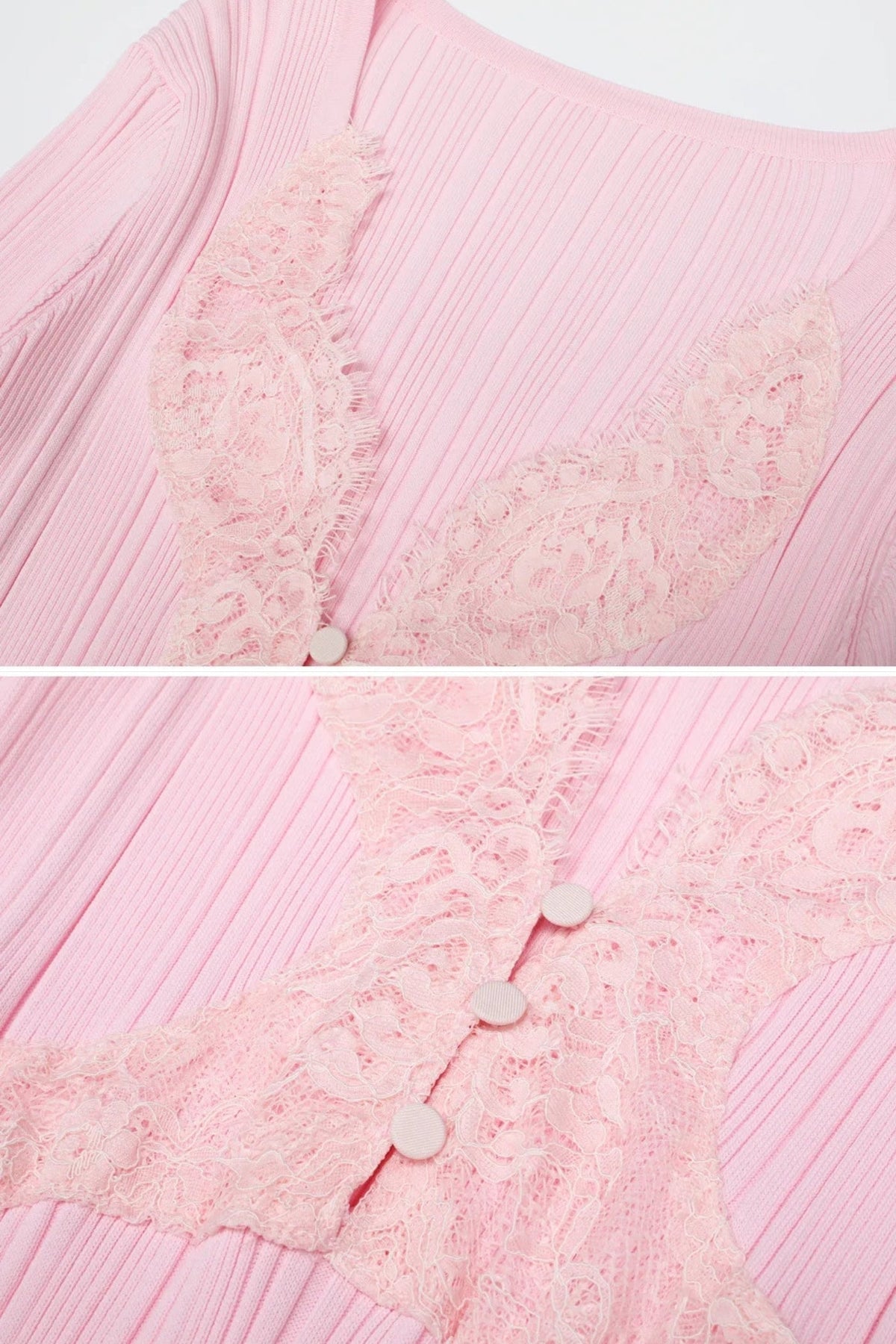 Ribbed Knit Lace Trim V-Neck Long Sleeve Midi Dress – Baby Pink – view 11