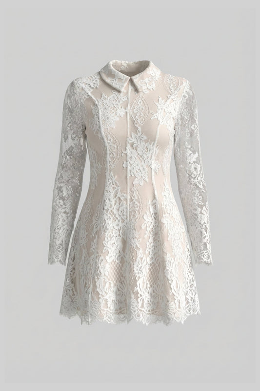 Long Sleeve Lace Collared Mini Dress with Sheer Overlay – Ivory