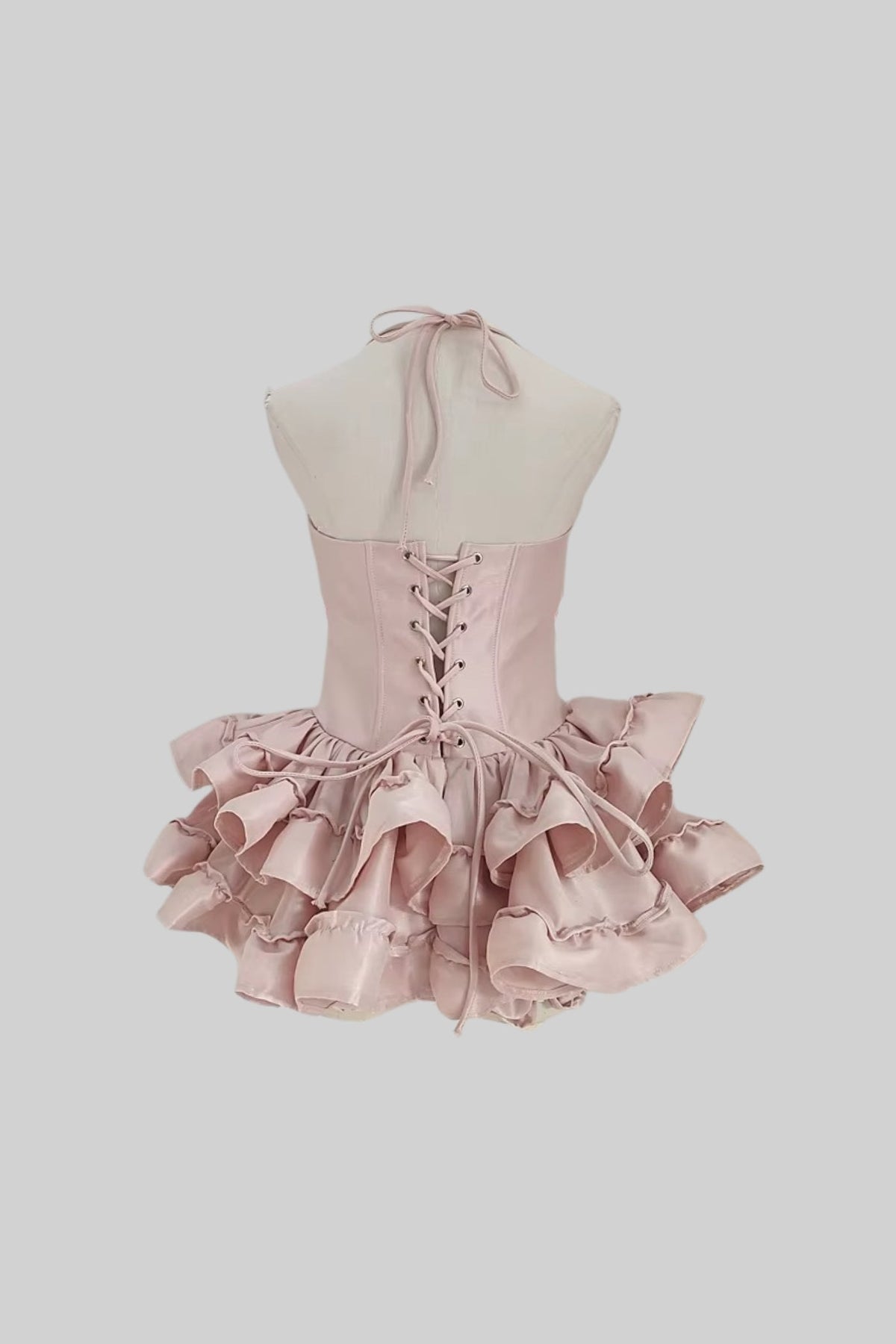Corset Mini Dress with Layered Ruffle Skirt and Waist Bow – Pink – view 7