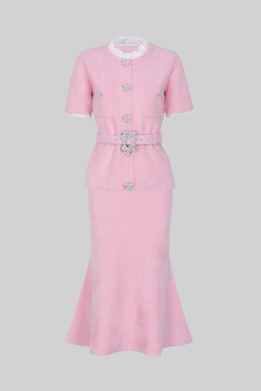 Peplum Knit Top and Fluted Midi Skirt Set with Crystal Belt – Blush Pink – view 2