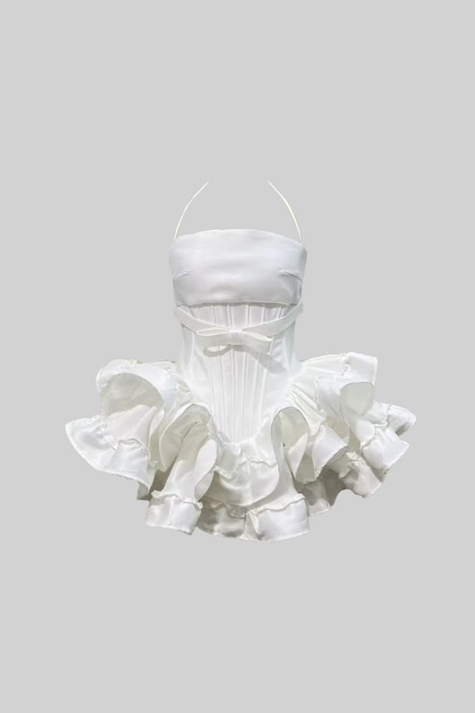 Corset Mini Dress with Layered Ruffle Skirt and Waist Bow – White
