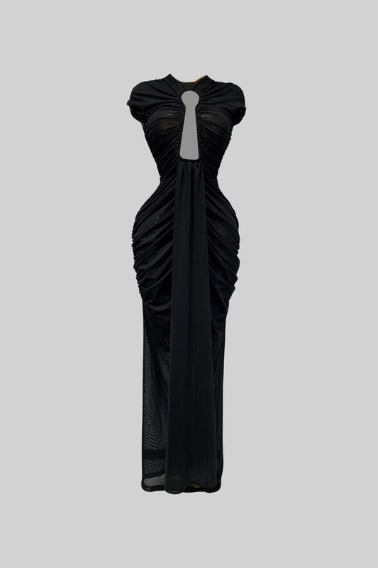 Ruched Draped Cut-Out Gown with Stretch Mesh Overlay – Black – view 2
