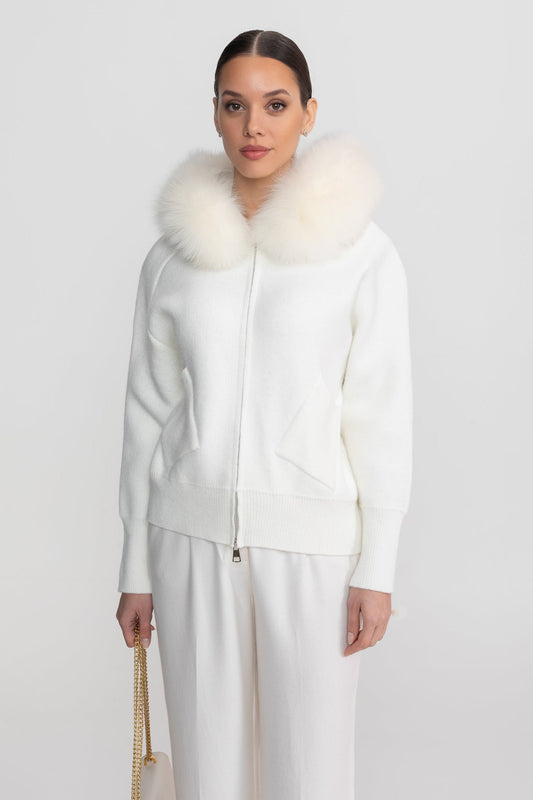 Zip-Up Wool Blend Knit Hoodie – Ivory – view 2