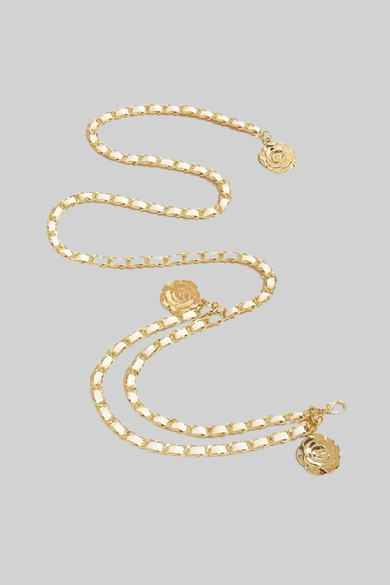Skinny Vegan Leather Belt with Gold Pendant Detail – White – view 3