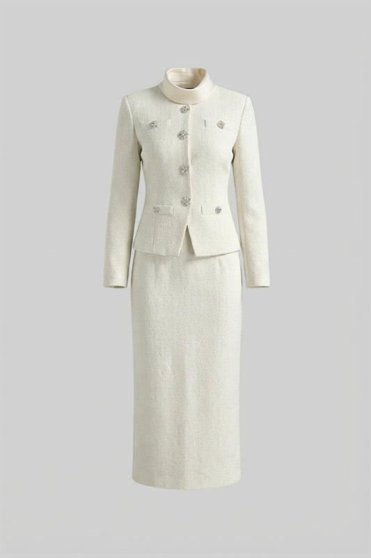 High Neck Bouclé-Style Midi Dress with Crystal Buttons – White – view 2