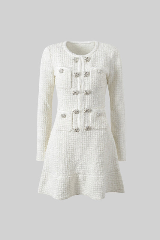 Long Sleeve Knee-Length Textured Knit Dress with Silver Buttons – White