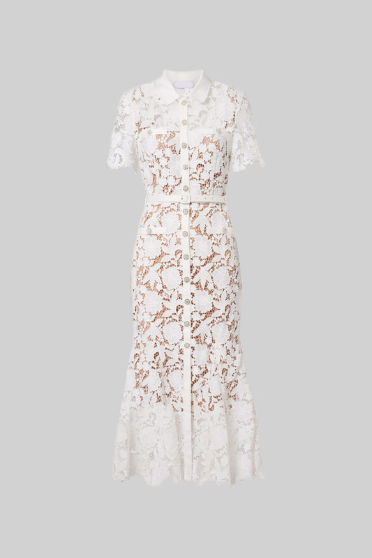 Lace Short Sleeve Collared Midi Dress with Belted Waist – White