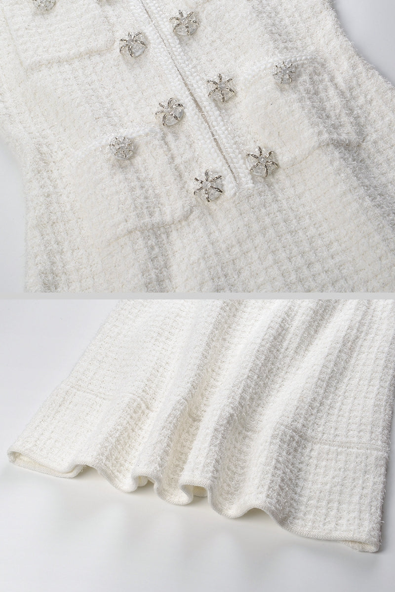 Long Sleeve Knee-Length Textured Knit Dress with Silver Buttons – White