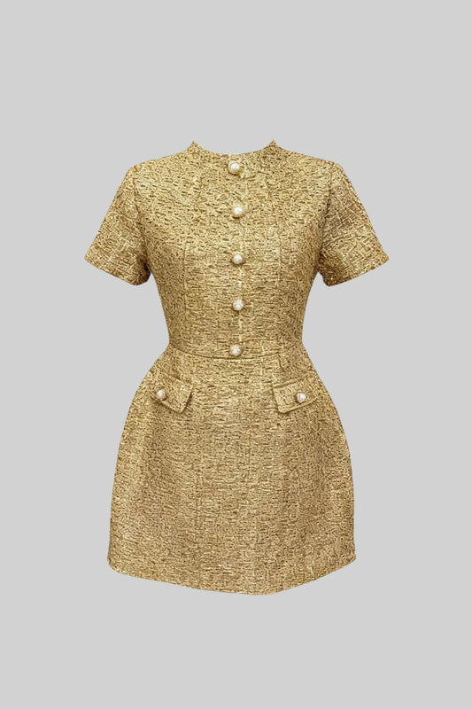 Metallic Tweed A-Line Mini Dress with Pearl-Effect Buttons – Gold – view 2