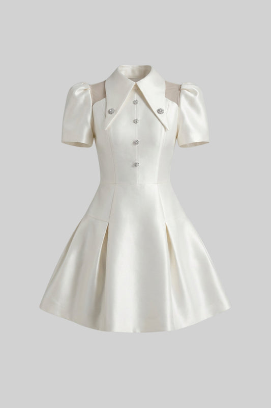 Doll Style V-Neck Mini Dress with Jewel Buttons and Flap Pockets – Ivory – view 2