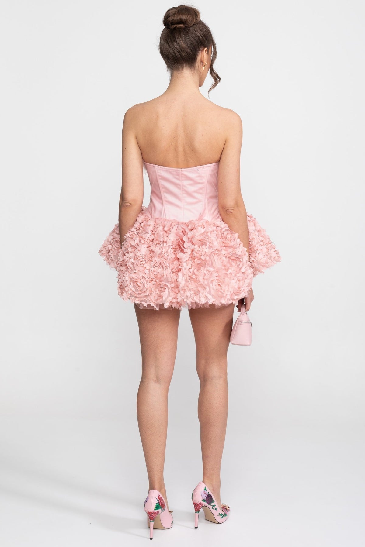 Strapless Satin Corset Mini Dress with 3D Rose Appliqué Skirt – Pink – view 7