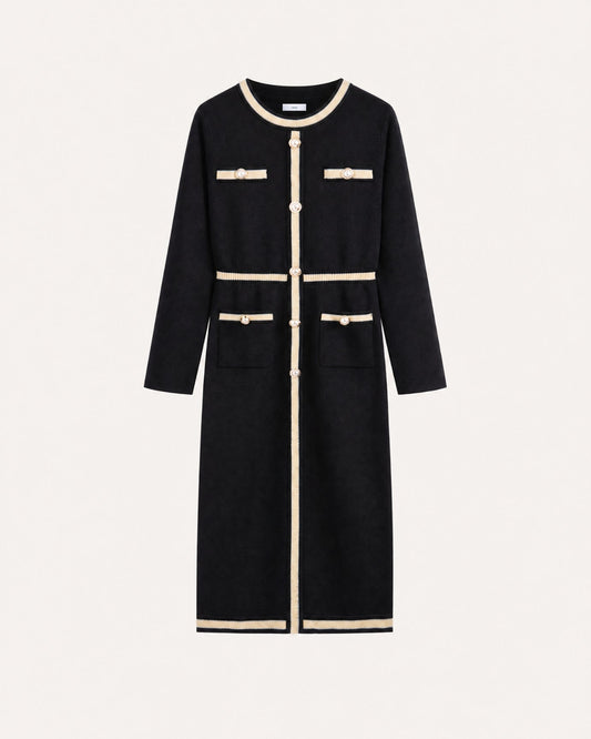 Round Neck Long Sleeve Jacquard Knit Maxi Dress – Black